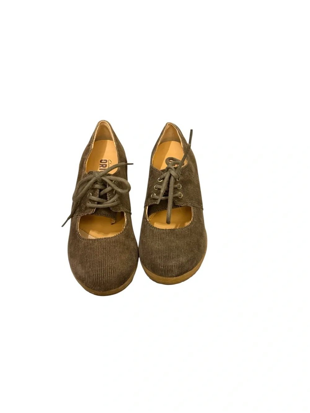 Vintage Clarks Originals Olive Green Tulip Vogue Corduroy Wedge Mary Jane